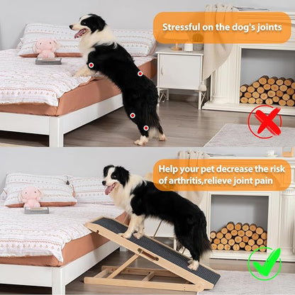 Dog Ramp for Bed Couch - Pet Steps Stairs to Get on Bed Couch 11.8"-19.6" High for Small or Large Dog Up to 200 lbs, Adjustable Wooden Dog Ramp Steps Foldable Portable, Anti-Slip Carpet (Natural)