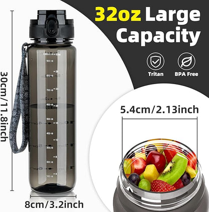 OLDLEY 32 oz Water Bottle, Motivational Water Bottle with Time Marker, Sports Water Bottle With Strap, Leakproof &amp; BPA Free Large Water Bottles for School, Gym, Travel,Tritan, Transparent Black