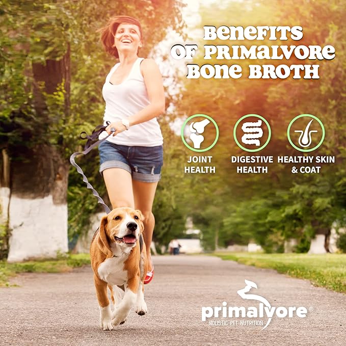 Primalvore Free-Range Bone Broth for Dogs &amp;Cats, Mobility Formula w/Collagen Peptides to Help Support Hip &amp; Joints, Digestion, Skin &amp; Coat and Hydration, Human Grade, Made in USA. Chicken 2 Pack