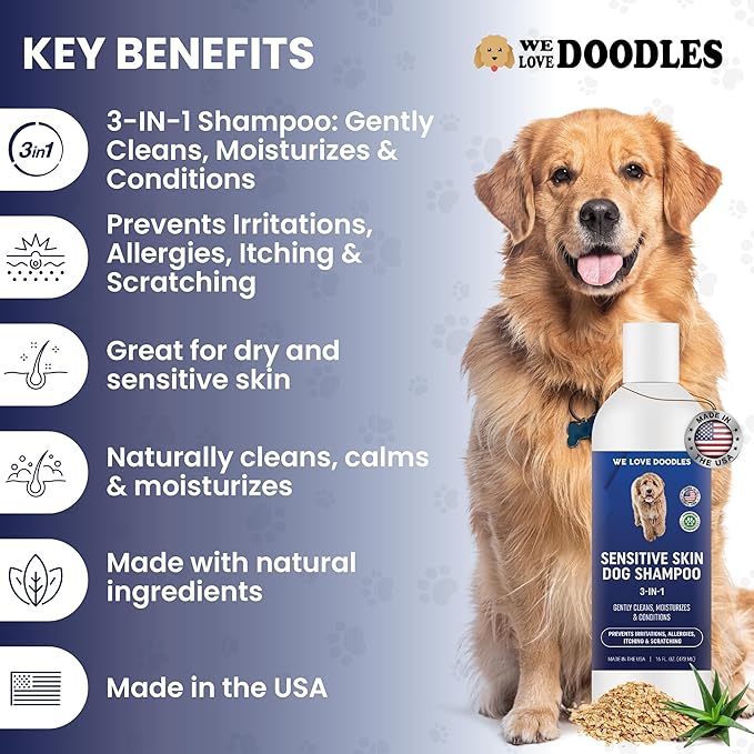 Premium 3-in-1 Sensitive Skin Dog Shampoo, Great for Allergies, Itching, Scratching, Anti-Itch Shampoo for Dogs with Oatmeal &amp; Aloe, Made in USA, Natural Ingredients, 16 oz [We Love Doodles]