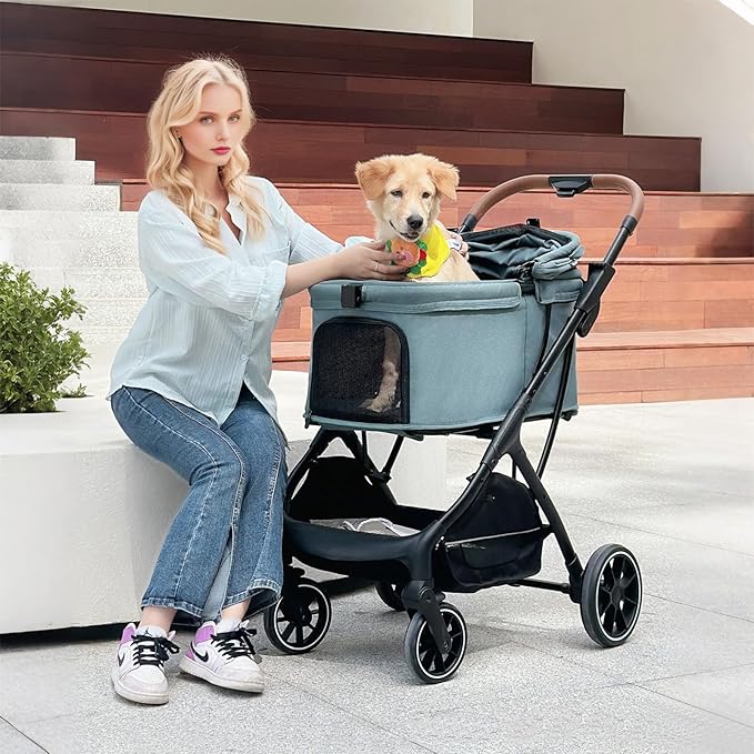 T5 Luxury Pet Stroller for Medium Dog Under 60lbs or 2 Small Dogs &amp; Cats with 180 ̊Canopy, Sun Shades, Auto-Folding Stroller for Multiple Pets (Green)