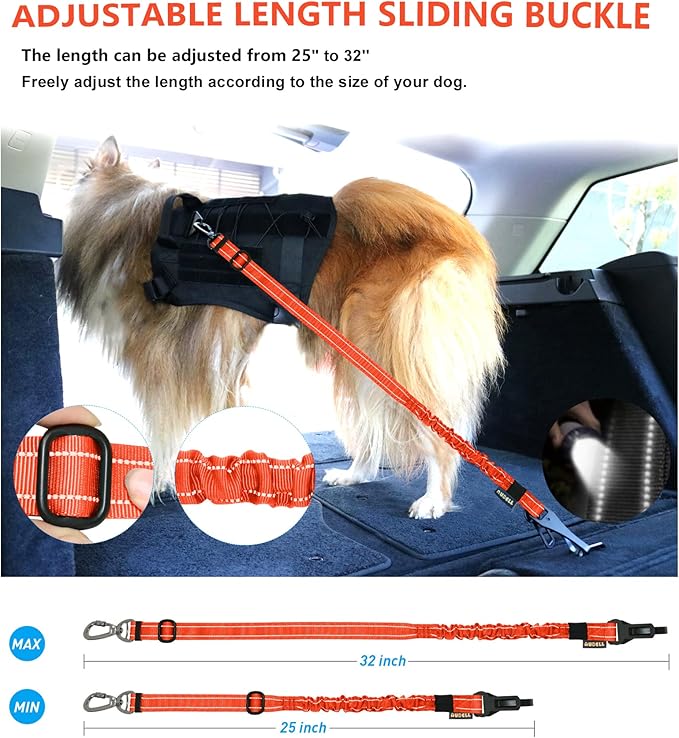 AUBELL Dog Seat Belt for Car,Updated 3-in-1 Adjustable Reflective Bungee Heavy Duty Dog Car Harness Tether with Clip Hook Latch &amp; Buckle,Swivel Zinc Alloy Carabiner,Orange