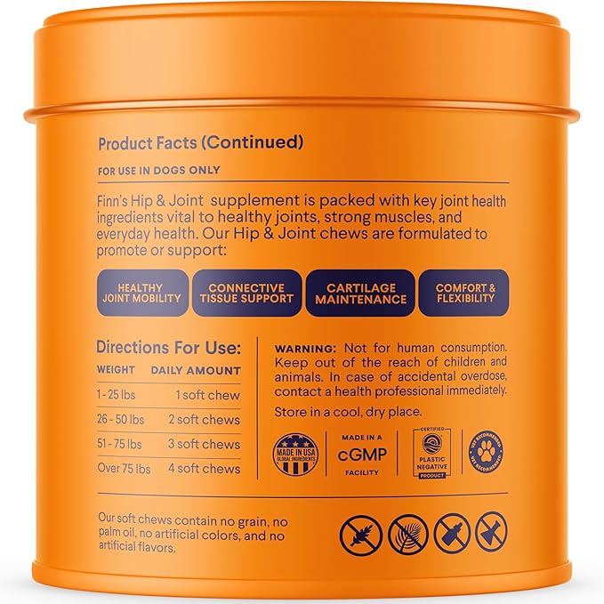 Finn Hip and Joint Supplement for Dogs | Glucosamine, Chondroitin &amp; MSM for Joint and Mobility Support | with Turmeric, BioPerine and B-Vitamins | 90 Soft Chews