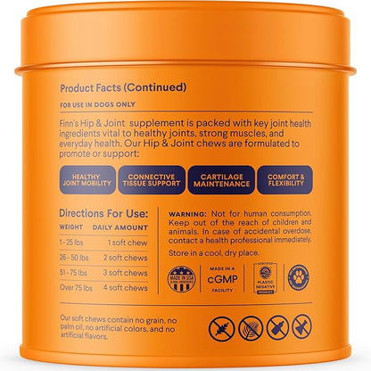 Finn Hip and Joint Supplement for Dogs | Glucosamine, Chondroitin &amp; MSM for Joint and Mobility Support | with Turmeric, BioPerine and B-Vitamins | 90 Soft Chews