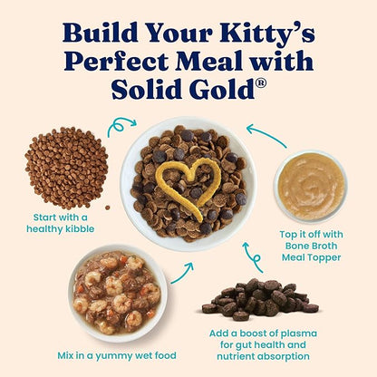 Solid Gold Bone Broth Cat Food Topper - Limited Ingredient Lickable Cat Broth Pouches w/Salmon Protein Shreds &amp; Collagen for Hydration &amp; Gut Support - Easy to Serve Gravy for Cats Meal Topper - 12ct