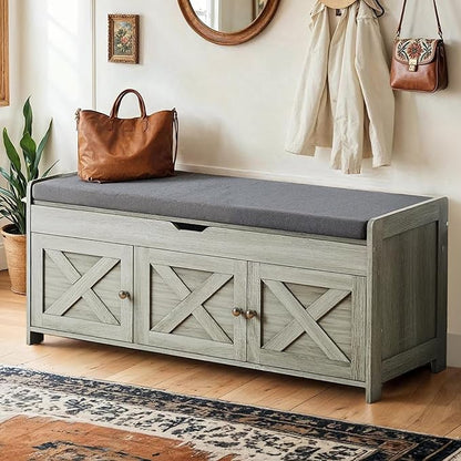Amada Shoe Bench, Entryway Bench with Cushioned Seat &amp; Lift Top Storage, 3 Doors, Adjustable Shelf, 300 lbs Capacity, Storage Bench with Shoe Rack for Entryway, Bedroom, Living Room, Gray