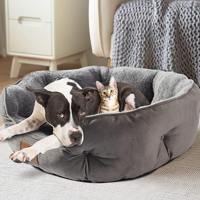 Asvin Large Dog Bed for Large Dogs, Cat Beds for Indoor Cats, Pet Bed for Puppy and Kitty, Extra Soft &amp; Machine Washable with Anti-Slip &amp; Water-Resistant Oxford Bottom, Grey, 35 inches