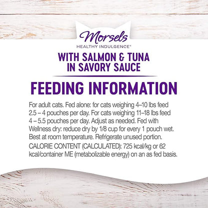 Wellness Healthly Indulgence Morsels Adult Wet Cat Food, Natural, Protein-Rich, Grain Free, 3 Ounce Pouch, 24 Pack, (Salmon &amp; Tuna)