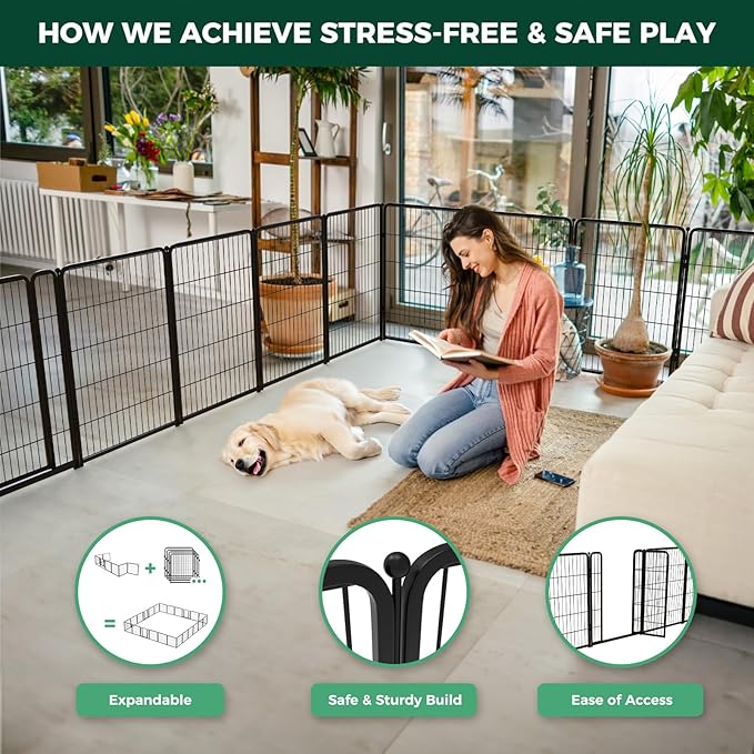 FXW Homeplus Unleashed Indoor Dog Playpen - Stress-Free and Safe Play, Heavy Duty 40 Inch 16 Wire Panels Dog Pen for Medium and Large Dogs, Black│Patented