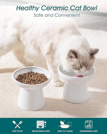 vancasso Ceramic Elevated Cat Bowls 2-Pack - 6.2" Extra Wide Raised Cat Food &amp; Water Dishes, 5.1" Optimal Height Anti-Whisker Fatigue Shallow Bowls for Cats/Kittens/Dogs, Lead &amp; Cadmium Free (White)