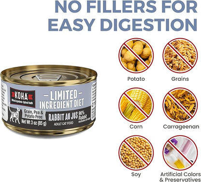 KOHA Limited Ingredient Diet Rabbit Pate for Cats - Single Meat Wet Cat Food for Sensitive Stomachs - *New Batch January 2025, Improved, Smooth Texture* - Pate Cat Food, No Fillers - 3oz Pack of 24