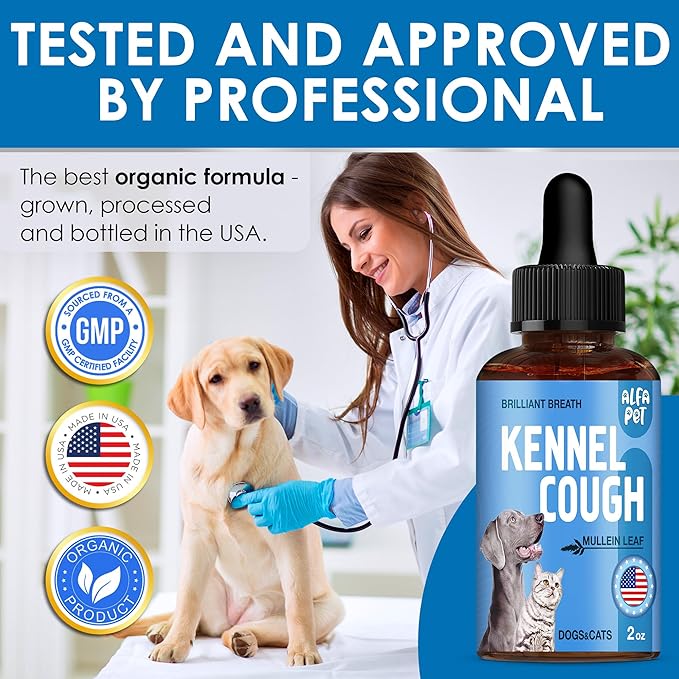 Dog Cough Treatment Liquid • Kennel Cough for Dogs &amp; Cats • for Breathing During All Life Cycle • Marshmallow Root + Mullein Leaf in The Composition • Natural Supplement for All Breeds • 2 Oz