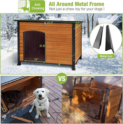 GUTINNEEN Large Insulated Dog House for Winter Outdoor Dog Kennel with Anti-Chewing Metal Frame for Medium to Large Dogs, Brown Color