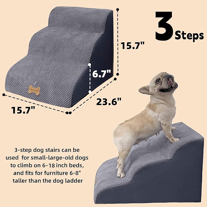 3-Step Dog Stairs for High Beds &amp; Couches Multi-Step Non-Slip Pet Steps with Balanced Ramp Indoor 2 3 4 5 Step Stairs for Small to Large Dogs and Cats Non-Slip Stickers 30D Grey