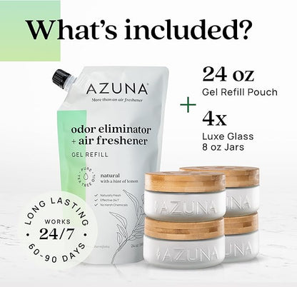 Azuna Air Freshener &amp; Odor Eliminator for Strong Odor | 4 Room Kit Includes (4) 8 oz. Empty Luxe Glass Jars &amp; 24oz Gel | Refill with Tea Tree Essential Oil | Natural Scent | Last 60-90 Days