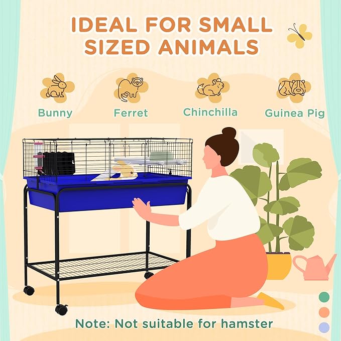 PawHut Two-Story Small Animal Cage Removable from Stand, Guinea Pig Cage with Shelf &amp; Wheels, Pet Habitat for Hedgehog, Chinchilla, Ferret, 33" x 18.5" x 35", Blue