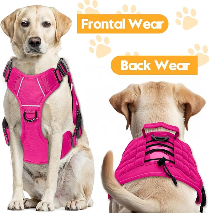 Heavy-Duty Tactical Dog Harness for Large Dogs, No Pull Adjustable Reflective Pet Vest with Molle System, K9 Military-Grade Control for Service Training, Outdoor &amp; 10+ Breeds, Hot Pink, XX-Large
