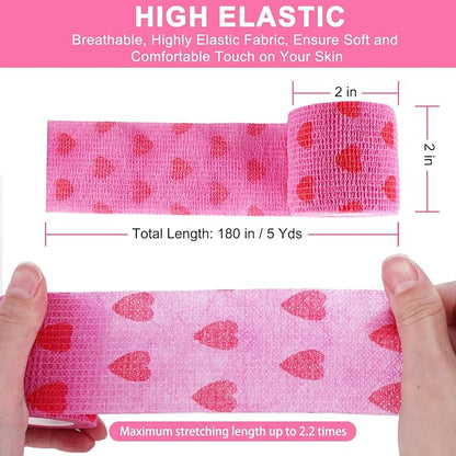 24 Pack Self Adhesive Vet Wrap &amp; Medical Tape, 2 Inch x 5 Yards Cohesive Bandage Wrap - Pink Heart Grip Tape for Ankle, Wrist Sprains, Sports, Pet First Aid