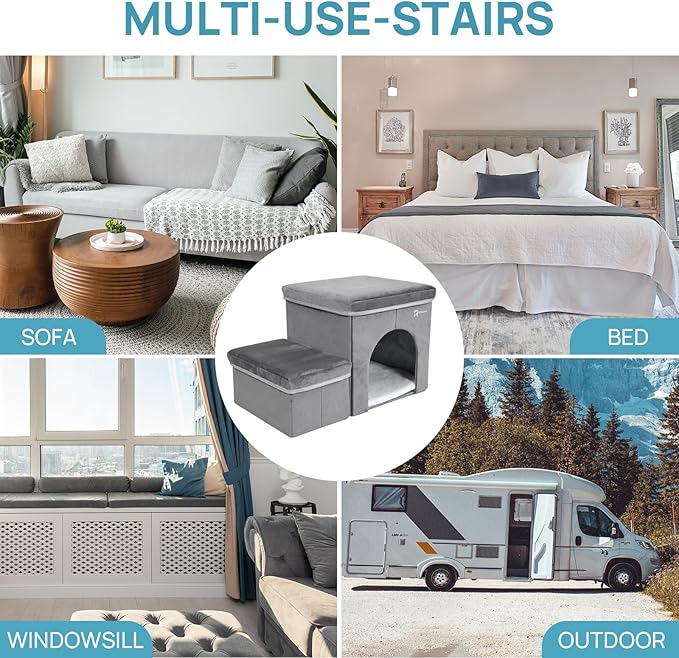Foldable Pet Stairs for Beds &amp; Sofas - Non-Slip Dog Steps with Storage for Small to Medium Dogs &amp; Cats, Supports up to 120 lbs - Durable 2 &amp; 3-Step Doggie Ladder for Easy Access