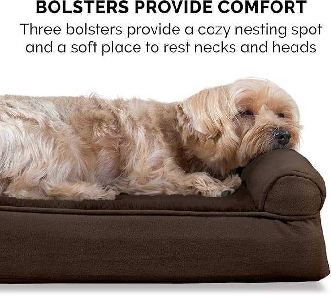 Furhaven Cooling Gel Dog Bed for Large Dogs w/ Removable Bolsters &amp; Washable Cover, For Dogs Up to 125 lbs - Plush &amp; Suede Sofa - Espresso, Jumbo Plus/XXL