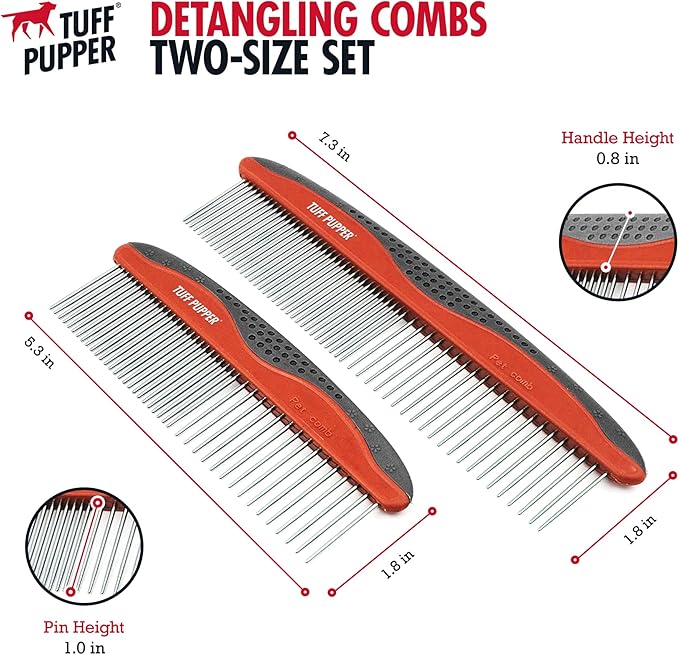 Tuff Pupper Dog Grooming Comb Set | Easily &amp; Safely Remove Dead, Matted Knotted Hair | Ergonomic Pet Detangling Combs | No-Slip Safety Handle For Precision Control | Rounded Tips Prevent Scratching