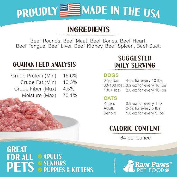 Raw Paws Signature Blend Pet Food for Dogs &amp; Cats - Beef Recipe, 1-lb Rolls (10 Pack) - Fresh Pet Food Made in USA, Grass-Fed Beef Log, Natural Dog Food Rolls, Raw Frozen Dog Food &amp; Cat Food