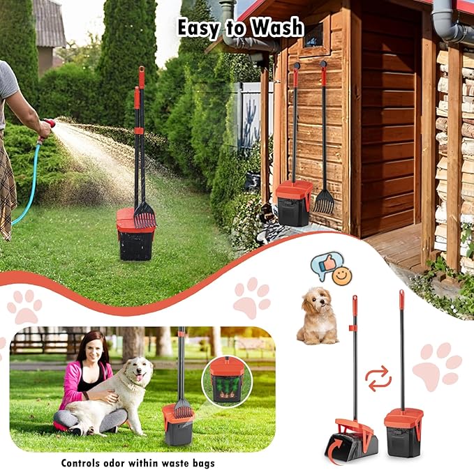 TIMINGILA 36" Pooper Scooper Swivel Bin &amp; Rake with 100 Dog Poop Bags,Adjustable Long Handle for No-Bend Cleanup,Portable Non-Breakable Dog Poop Scooper for Large Medium Small Dogs