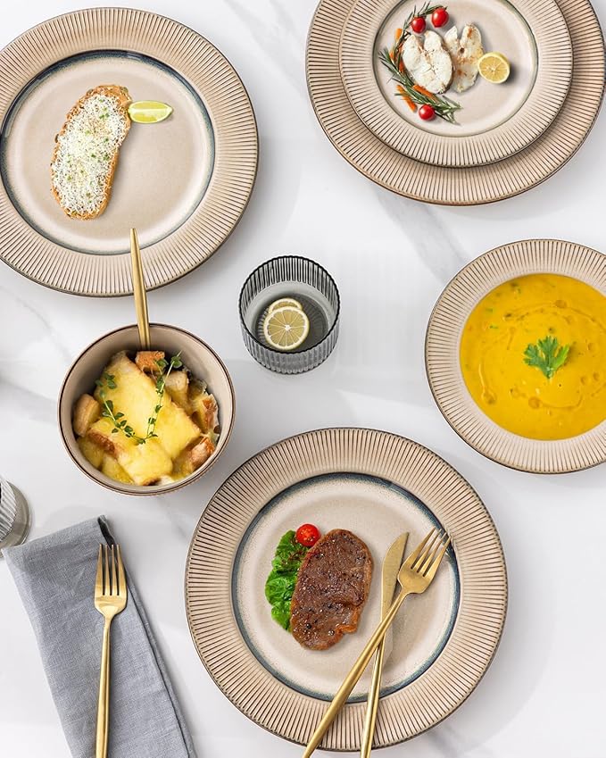 GBHOME Ceramic Dinnerware Sets, 18 Piece Embossed Elegant Stoneware Plates and Bowls Sets, Housewarming Wedding Gift | Dishwasher &amp; Microwave Safe | Dishes Set Service for 8