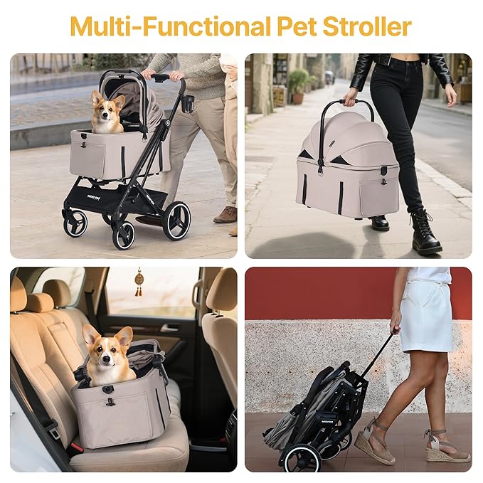 BEBEROAD X3 2 in 1 Pet Stroller for Medium or Two Small Dogs &amp; Cats 4 Wheels Lightweight Foldable Carrier Dog Stroller with Waterproof Weather Cover Cup Holder,Storage Basket(Camel)