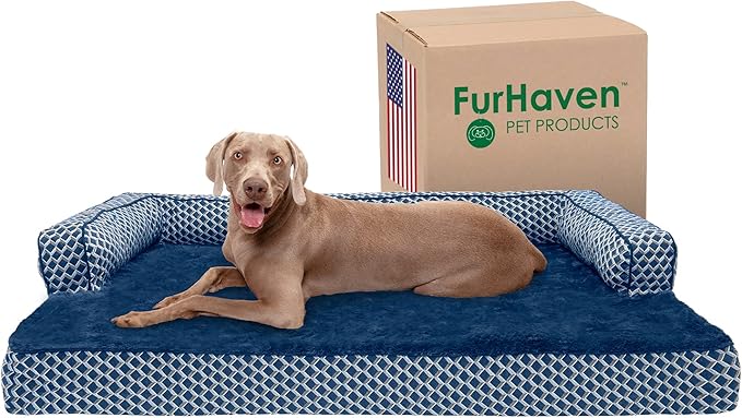 Furhaven Memory Foam Dog Bed for Large Dogs w/ Removable Bolsters &amp; Washable Cover, For Dogs Up to 125 lbs - Plush &amp; Woven Decor Comfy Couch Sofa - Diamond Blue, Jumbo Plus/XXL