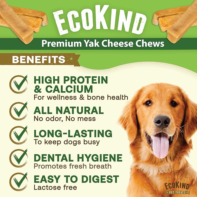 Ecokind Himalayan Chews, Healthy Treats, Odorless, Rawhide Free, Long Lasting Dog Bones for Aggressive Chewers, Indoors &amp; Outdoor Use, Made in The Himalayas, Large (Pack of 20)