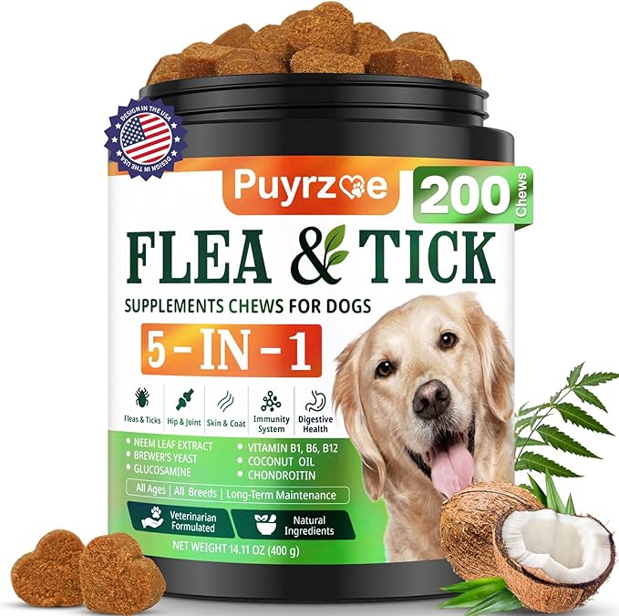 5-in-1 Dog Flea and Tick Treatment Chewable, Natural Flea and Tick Prevention for Dogs Chewable - Flea &amp; Tick | Hip &amp; Joint | Skin &amp; Coat | Immunity Support | Digestive for All Breeds &amp; Sizes