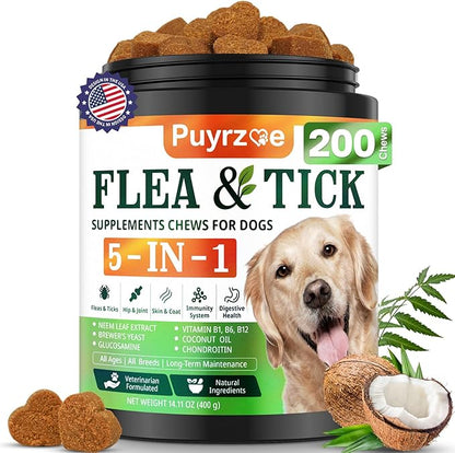 5-in-1 Dog Flea and Tick Treatment Chewable, Natural Flea and Tick Prevention for Dogs Chewable - Flea &amp; Tick | Hip &amp; Joint | Skin &amp; Coat | Immunity Support | Digestive for All Breeds &amp; Sizes
