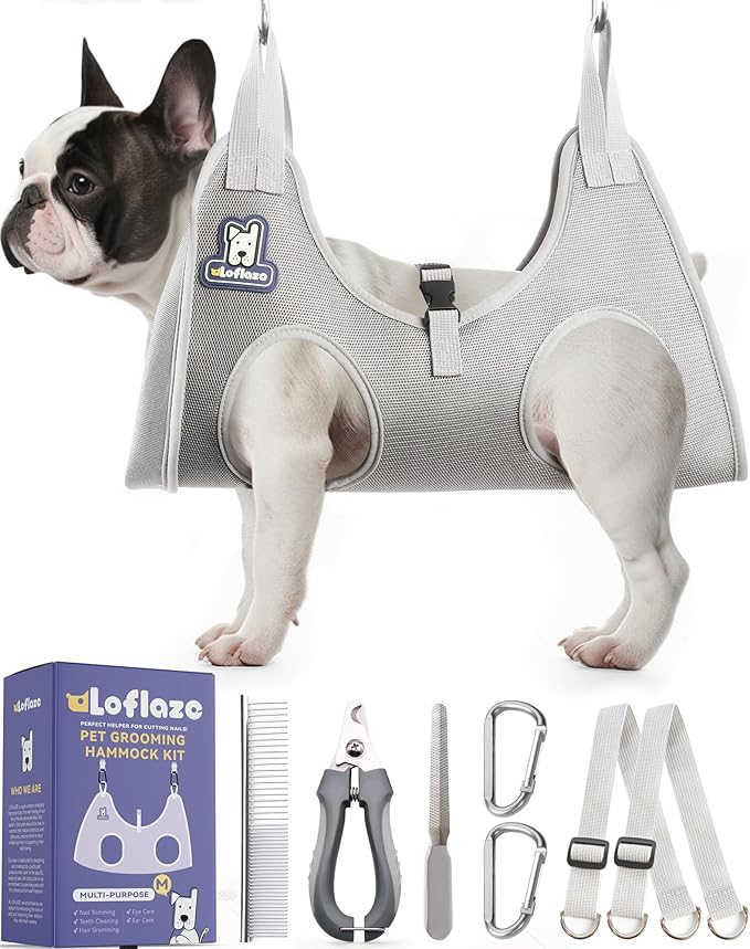 Dog Grooming Hammock Harness for Dogs &amp; Cats with Pet Nail Clipper Trimmer - Cat Hanger Sling for Trimming Clipping Nails- Dog Hammock Restraint Bag for Small Medium Large pet （ Grey M ）