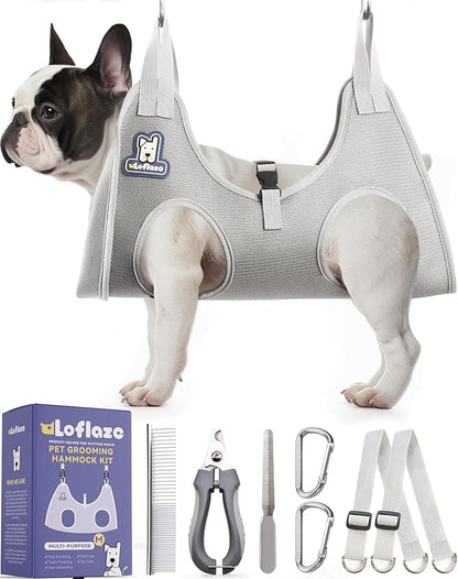 Dog Grooming Hammock Harness for Dogs &amp; Cats with Pet Nail Clipper Trimmer - Cat Hanger Sling for Trimming Clipping Nails- Dog Hammock Restraint Bag for Small Medium Large pet （ Grey M ）