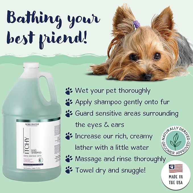 Bobbi Panter Dog Shampoo - Made in USA - All Natural Formula for Itch Relief &amp; Soothing Skins, Concentrated 16:1 for Professional Groomers - Green Apple Scent, 1 Gallon