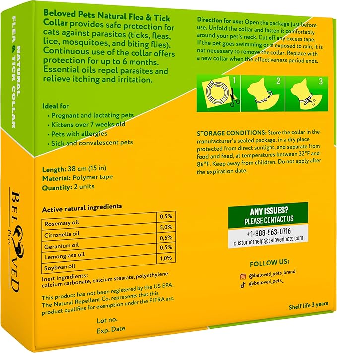 Natural Flea &amp; Tick Collar for Cats - 12 Months Control of Best Prevention &amp; Safe Treatment - Anti Fleas and Ticks Essential Oil Repellent (2 Pack)