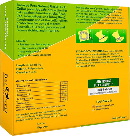 Natural Flea &amp; Tick Collar for Cats - 12 Months Control of Best Prevention &amp; Safe Treatment - Anti Fleas and Ticks Essential Oil Repellent (2 Pack)