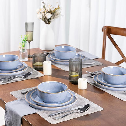 GBHOME Ceramic Dinnerware Sets for 6, 18 Pieces Stoneware Plates and Bowls Sets, Scratch Resistant Dish Sets for Dinner, Dishwasher &amp; Microwave Safe, Brunnera Blue