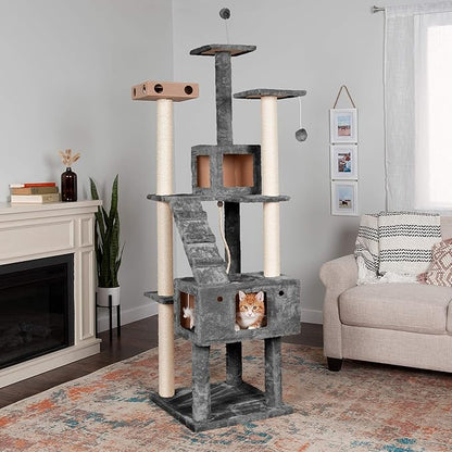 Furhaven 69.3" Tall Cat Tree for Indoor Cats, Ft. Sisal Scratching Posts, 2x Cat Condos, &amp; Toys - Tiger Tough Double Decker Interactive Playground Tower - Silver Gray, One Size