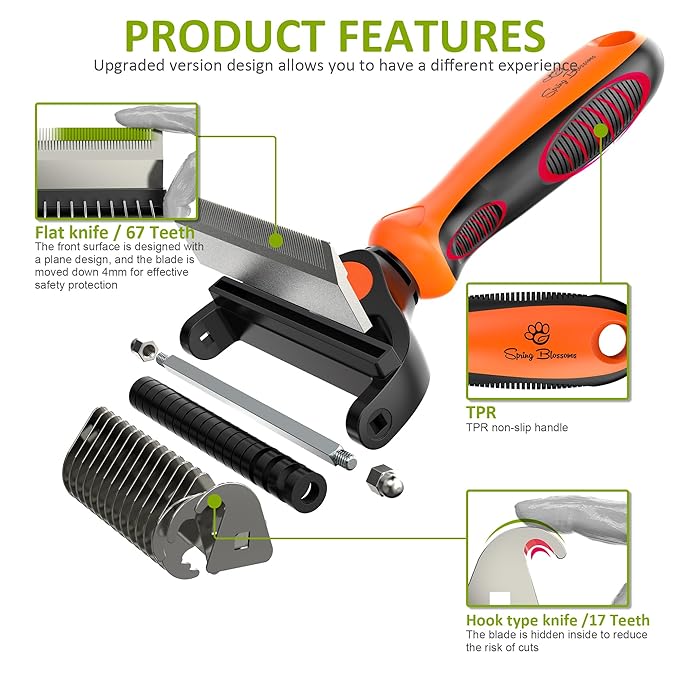 Spring Blossoms-2 in 1 Professional Grooming Rake for Cats &amp; Dogs-Dematting Comb for Easy Mats &amp; Tangles Removing,Pet Brush Safe No More Nasty Shedding and Flying Hair (Orange)