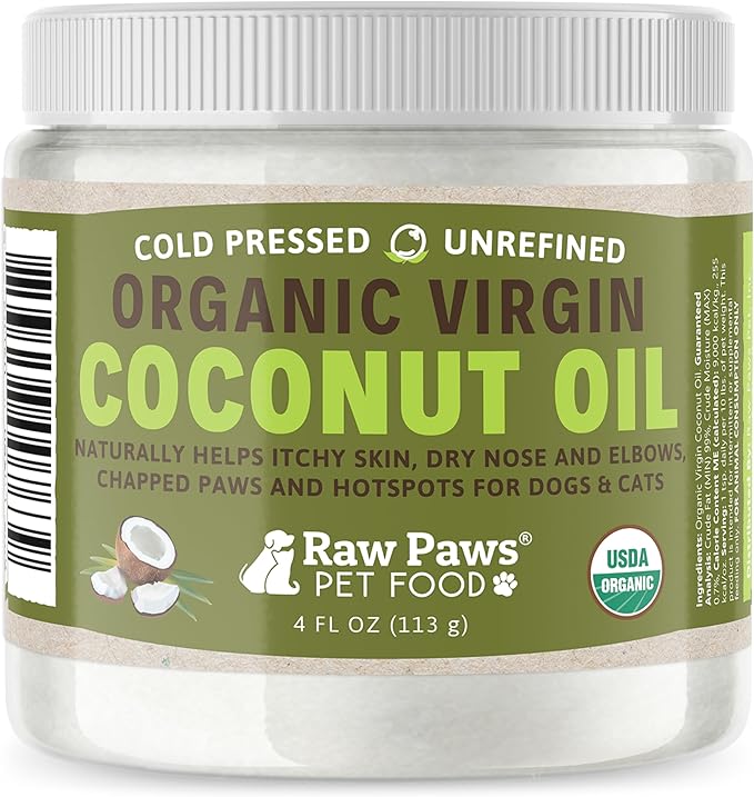 Raw Paws Virgin Organic Coconut Oil for Dogs &amp; Cats, 4-oz - Treatment for Itchy Skin, Dry Nose, Paws - Hot Spot Lotion - Natural Hairball Remedy for Cats