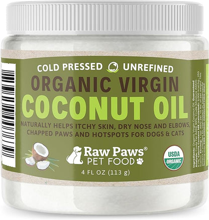 Raw Paws Virgin Organic Coconut Oil for Dogs &amp; Cats, 4-oz - Treatment for Itchy Skin, Dry Nose, Paws - Hot Spot Lotion - Natural Hairball Remedy for Cats