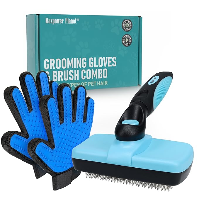 Maxpower Planet Pet Grooming Brush - Double Sided Shedding and Dematting Undercoat Rake Comb for Dogs and Cats,Extra Wide (C1 - Brush &amp; Gloves, Large)