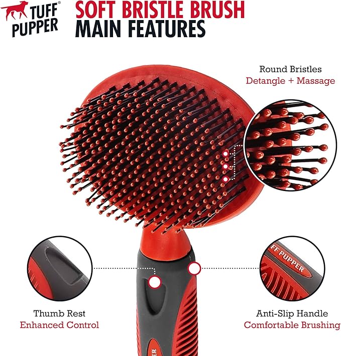 Tuff Pupper Round Bristle Soft Brush for Dogs and Cats | Gentle Grooming for Short or Long Hair | Soft Pin Tool for Sensitive Skin | Detangle &amp; Remove Loose Fur | For Dematting &amp; Detangling Undercoat