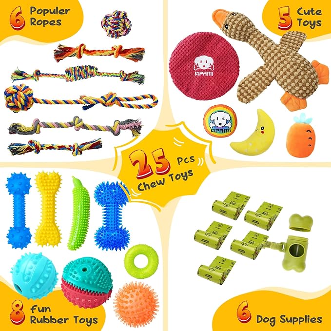 KIPRITII Puppy Teething Chew Toys -25 Pack Dog Chew Toys with Rope Toys, Dog Treat Balls &amp; Squeaky Toy for Puppy and Small Dogs