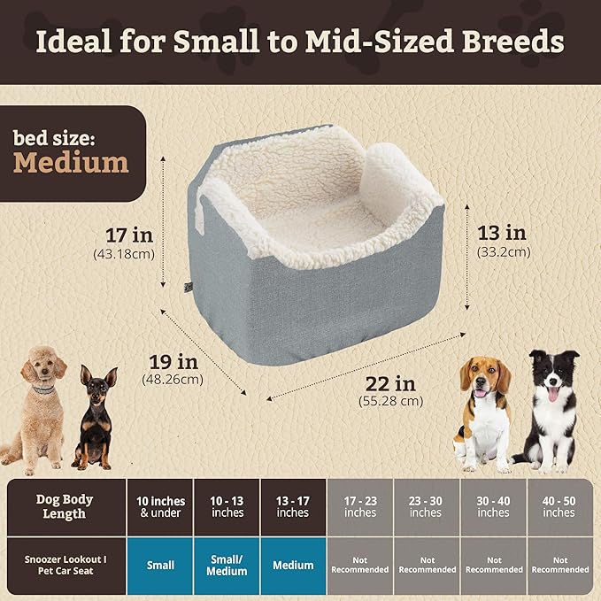 Snoozer Lookout I Dog Car Seat - Small Dog and Puppy Car Seat, Booster Bed for Small &amp; Medium Size Pets up to 25 Lbs, Sherpa Lining, Elevated, Washable, Safe for Travel - Medium, Stone Diamond