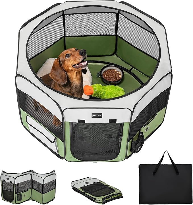PETSFIT Portable Dog Playpen,36" Dog Play Pen Indoors with Removable Waterproof Mat &amp; Zippered Roof | RV, Camping, Travel Dog Pen | Whelping &amp; Cat Observation Space(36" L x 36" W x 21" H)