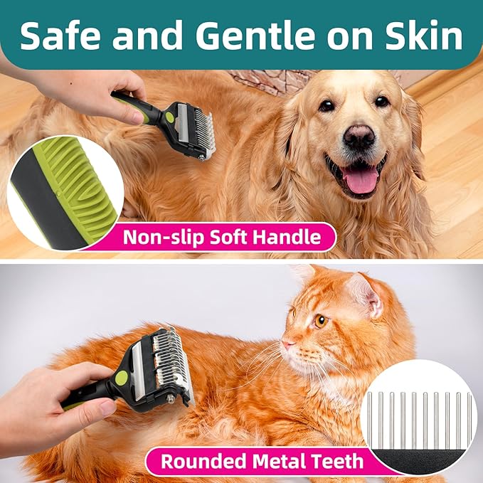 3-IN-1 Pet Grooming Tool - Undercoat Rake, Dematting Comb &amp; Deshedding Brush for Cats &amp; Dogs - Removes Mats, Tangles &amp; Loose Fur, Reduces Shedding &amp; Prevents Hair Mess (Green)