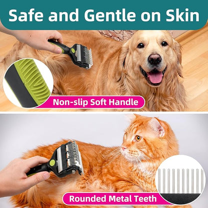 3-IN-1 Pet Grooming Tool - Undercoat Rake, Dematting Comb &amp; Deshedding Brush for Cats &amp; Dogs - Removes Mats, Tangles &amp; Loose Fur, Reduces Shedding &amp; Prevents Hair Mess (Green)
